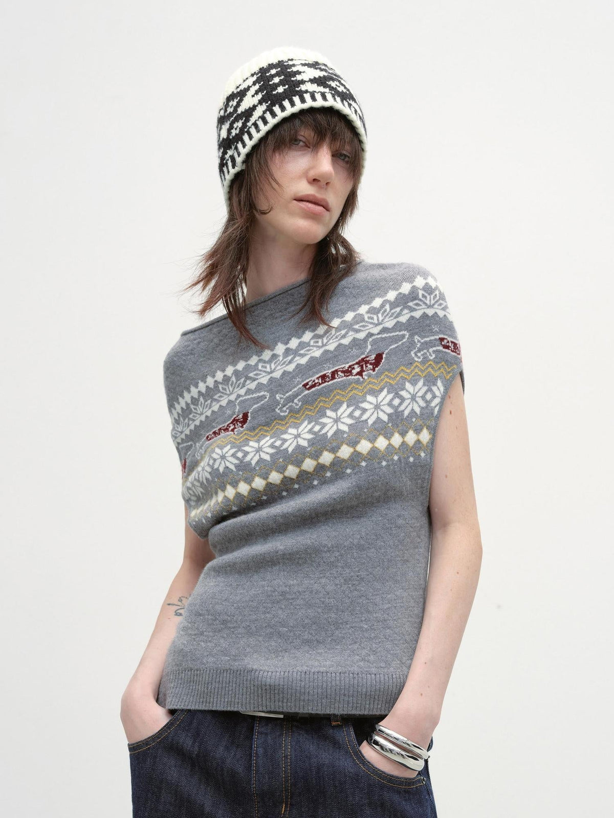 Acrylic Wool Blend Slim Cape Animal Print Women Asymmetrical Neck Grey Sweaters