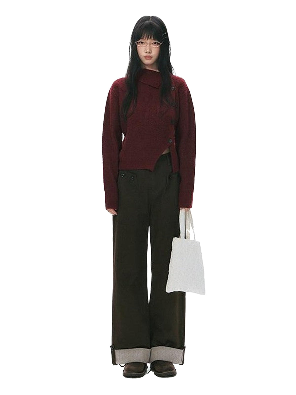 Rust Red Asymmetrical Placket Knit Mock Neck Women'S Polyester Blend Sweaters