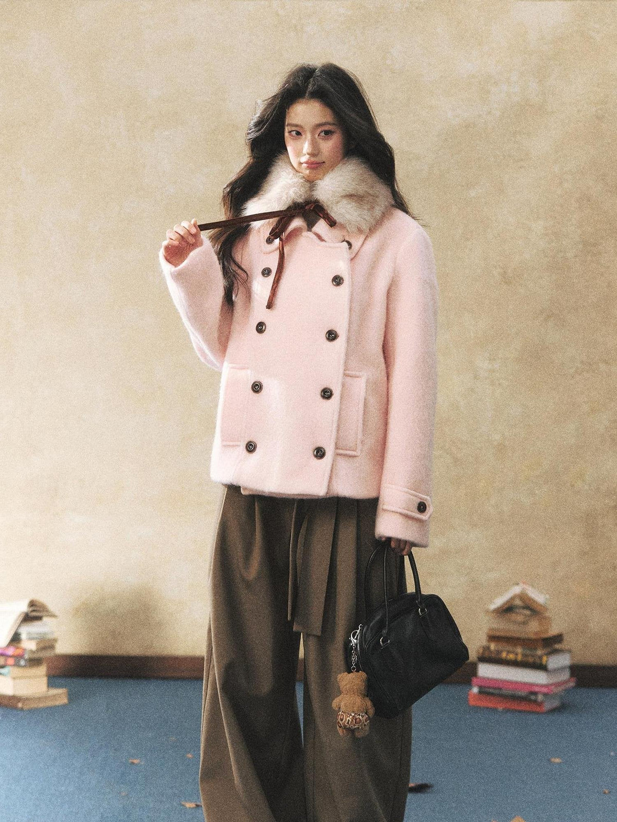 Warm Casual Fitted Waist Bow Detail Double Breasted Cropped Women Knit Sweaters