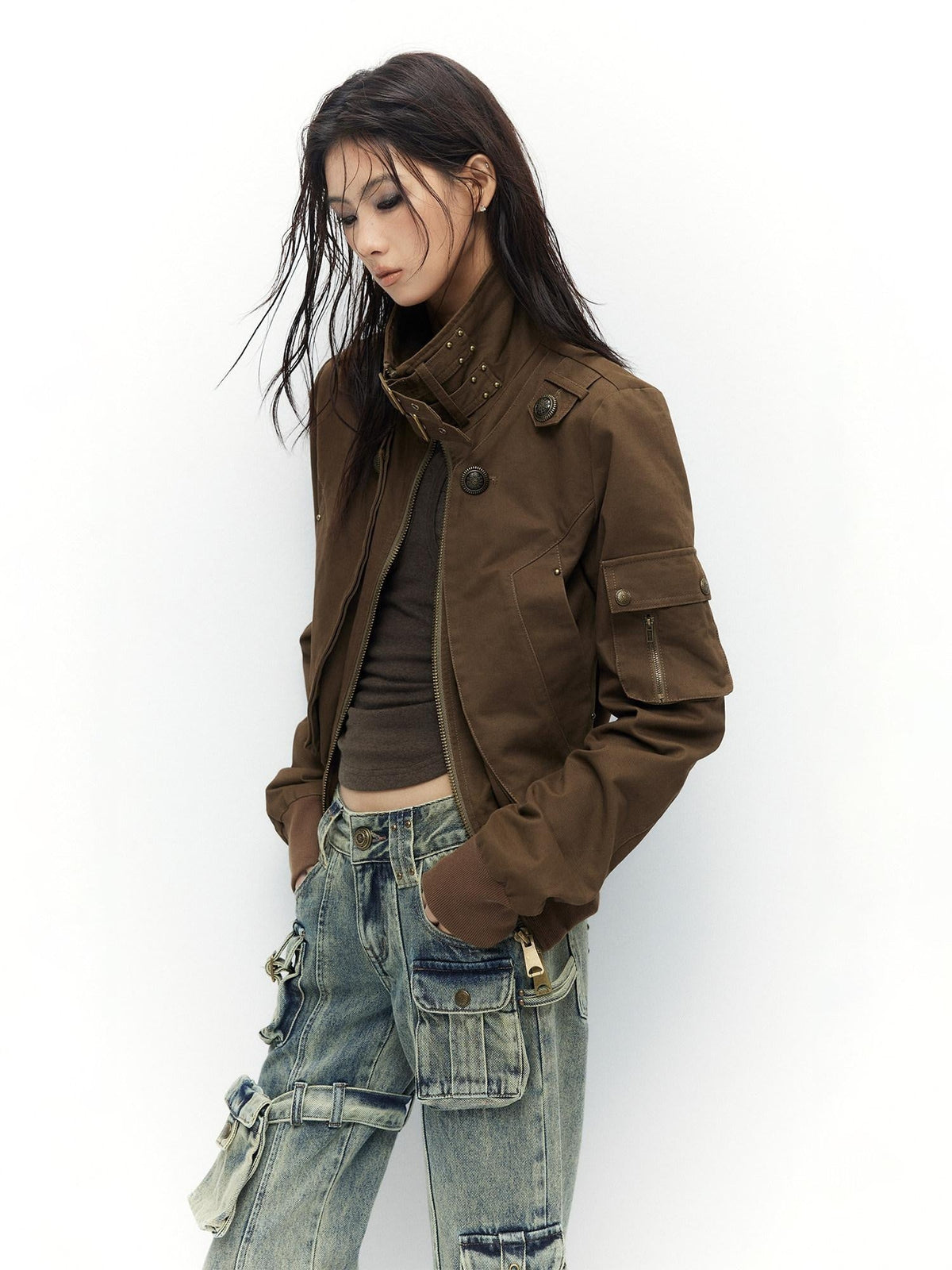 Slim Waist Dark Gothic Cotton Zip Stand Collar Long Sleeve Women Cropped Jackets