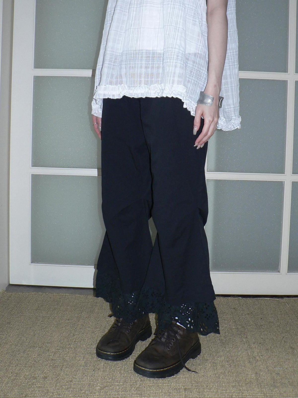 Vintage Japanese Patchwork Cutout Lace Pleated Women's Cropped Flare Pants