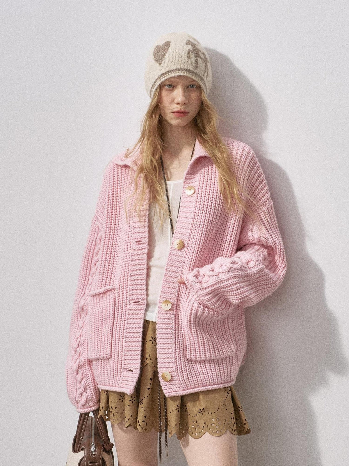 Sakura Pink Chunky Cable Knit Women'S Wool Blend Turtleneck Sweaters