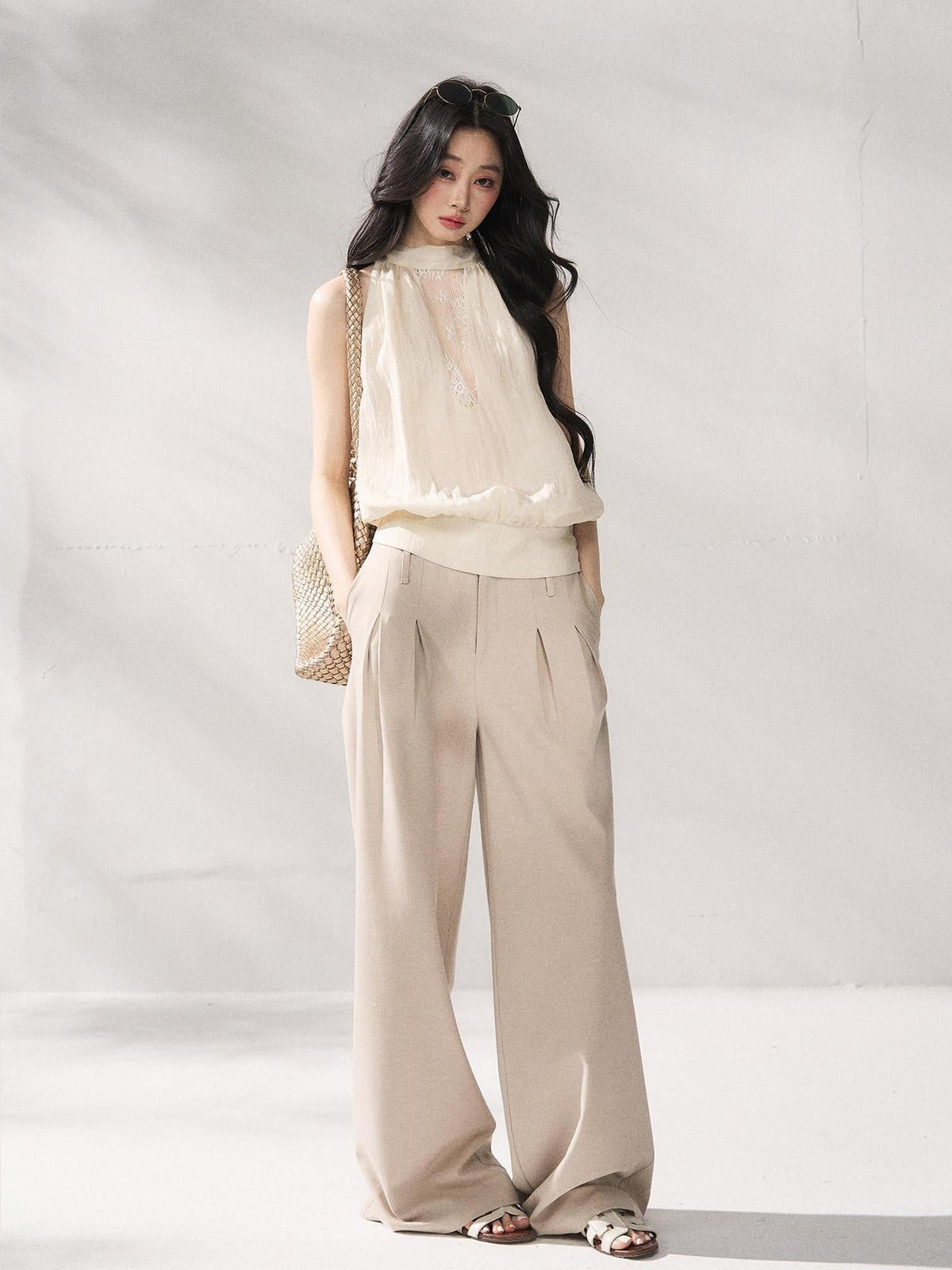Comfort Stretch Natural Waist Casual Straight Hem Women Khaki Wide Leg Pants