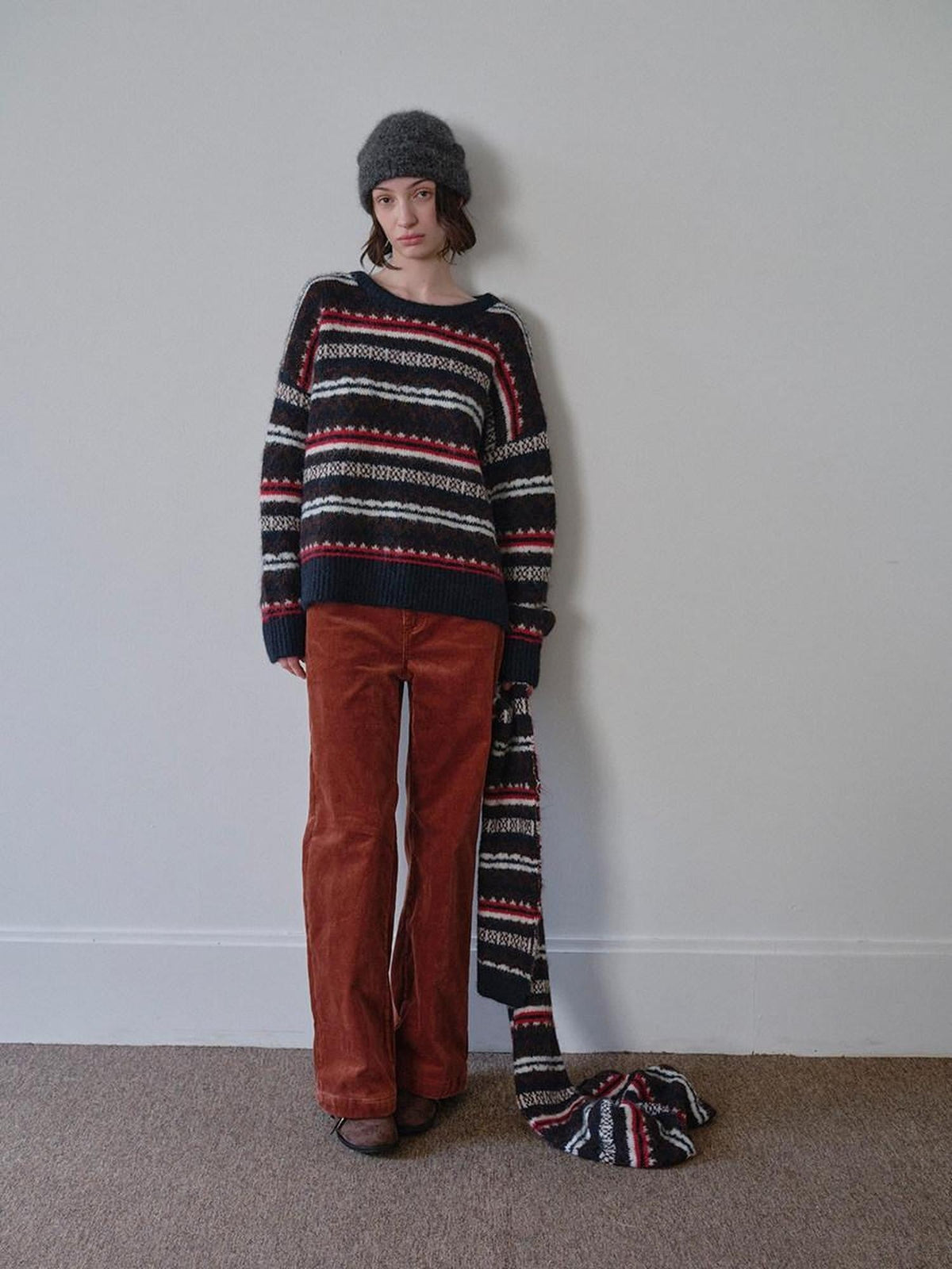 Retro Striped Jacquard Two Piece Scarf Pullover Women'S Polyester Blend Sweaters