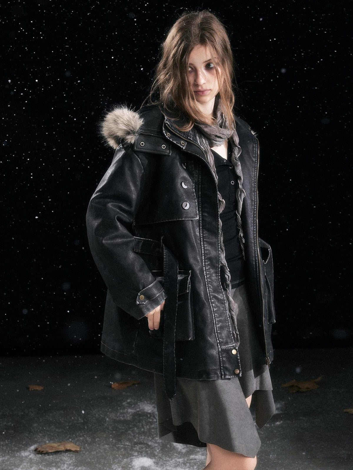 Fur Collar Hooded Utility Distressed Women'S Padded Cotton Leather Jackets