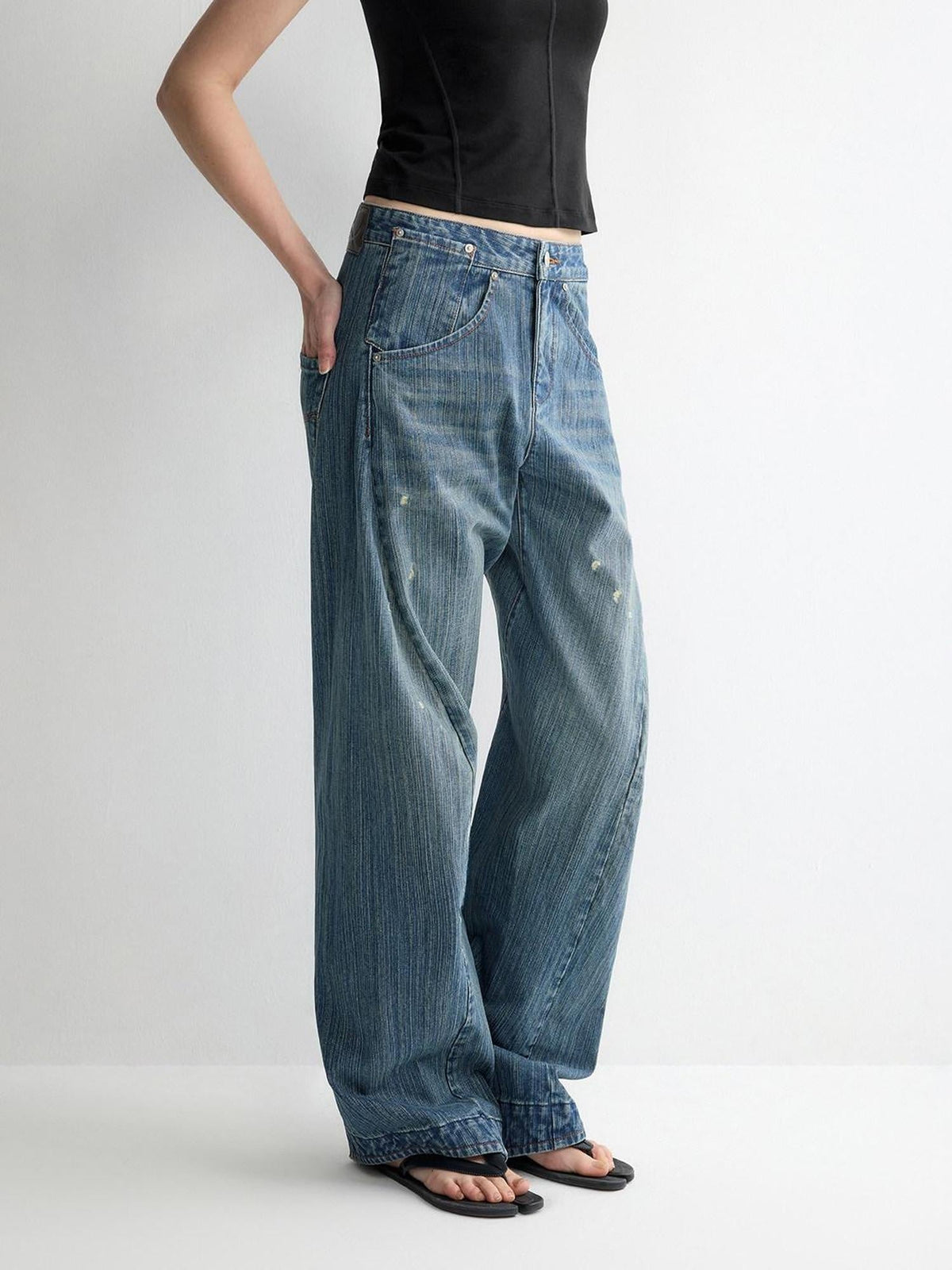 Ripped Washed Durable Low Rise Relaxed Fit Vintage Blue Wide-Leg Jeans