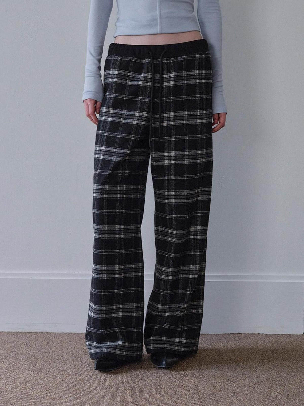 Black Plaid Pockets Women'S Polyester Wool Blend Wide-Leg Pants