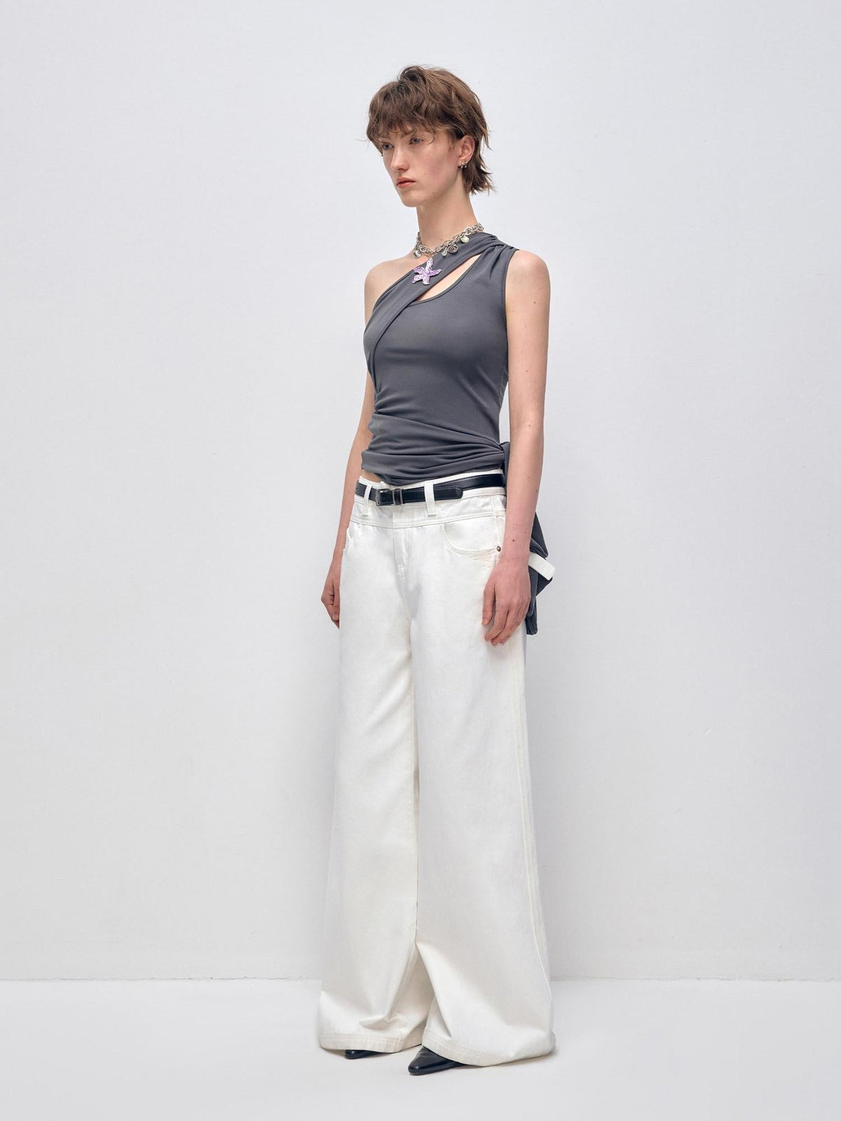 Low Rise 96 Percent Cotton Casual Loose Fit White Denim Wide-Leg Jeans