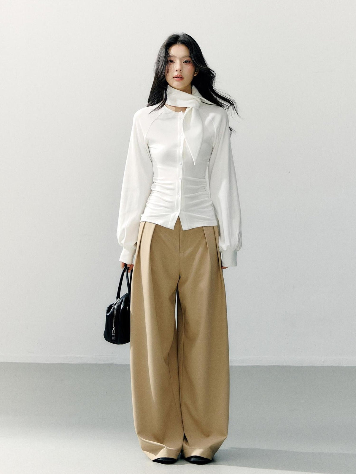 Detachable Lace Trim Natural Waist Casual Khaki Women Wide Leg Pants