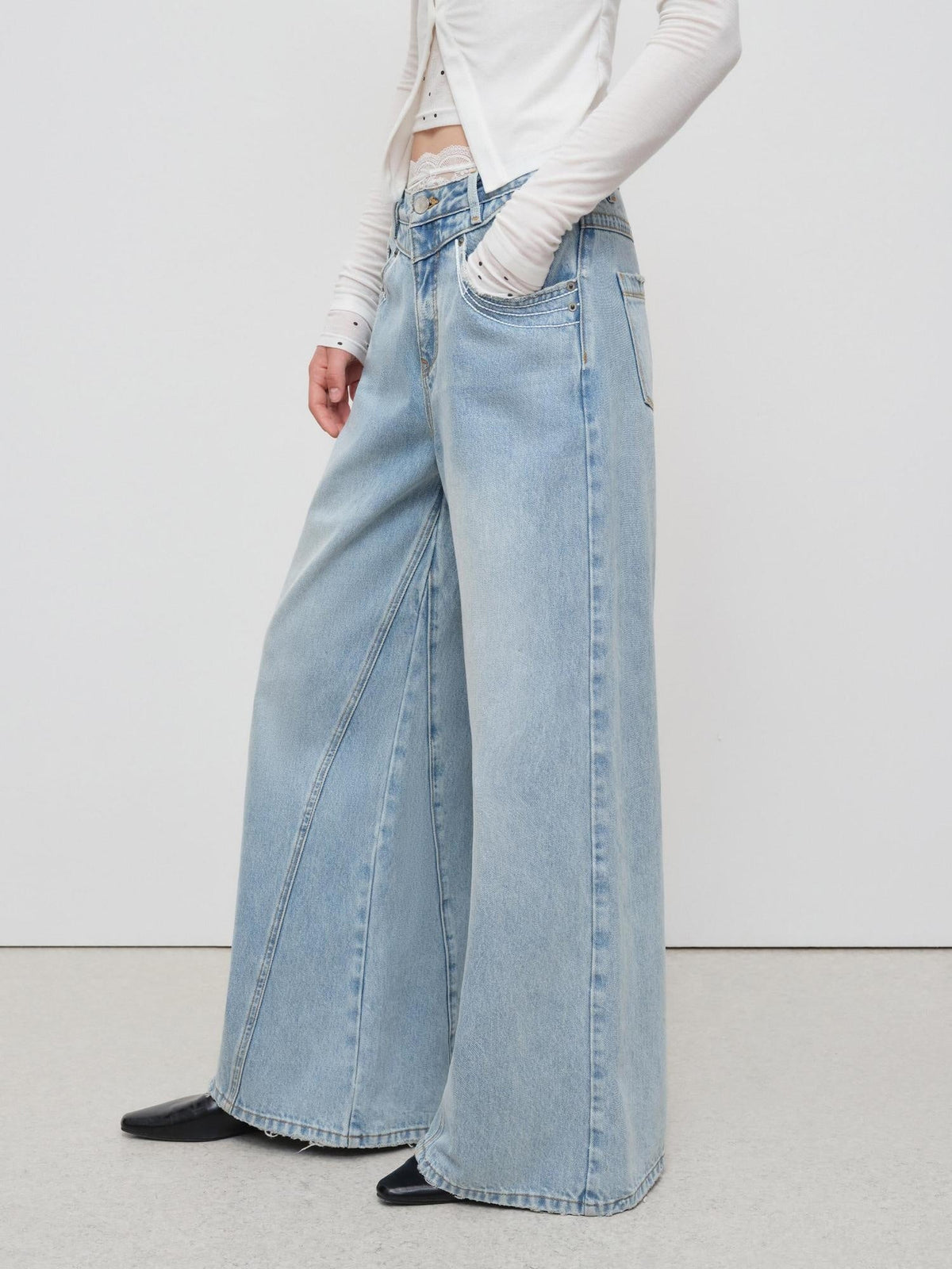 Light Blue Casual Loose Natural Waist Button Fly No Stretch Women Wide-Leg Jeans