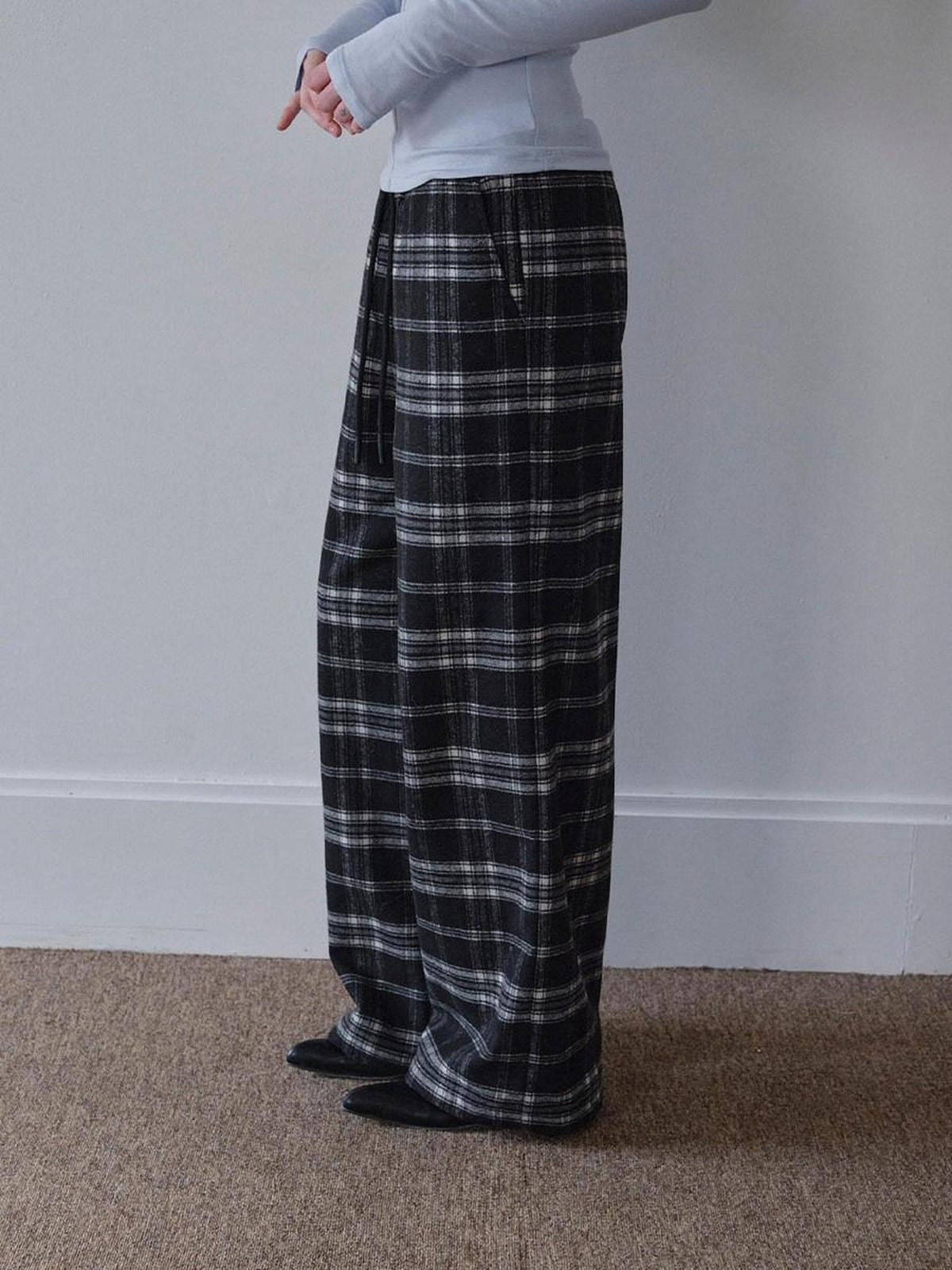 Black Plaid Pockets Women'S Polyester Wool Blend Wide-Leg Pants