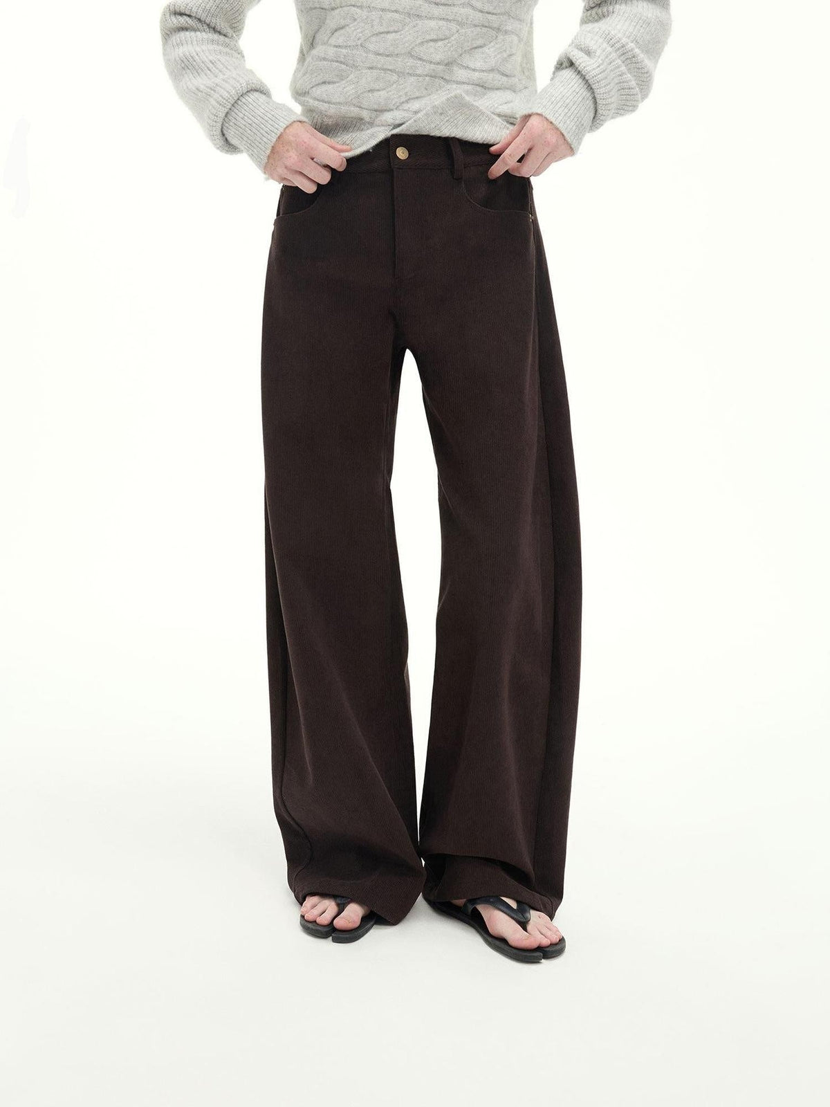 Casual Mid Low Waist Zip Fly Polyester Women Deep Brown Wide-Leg Pants