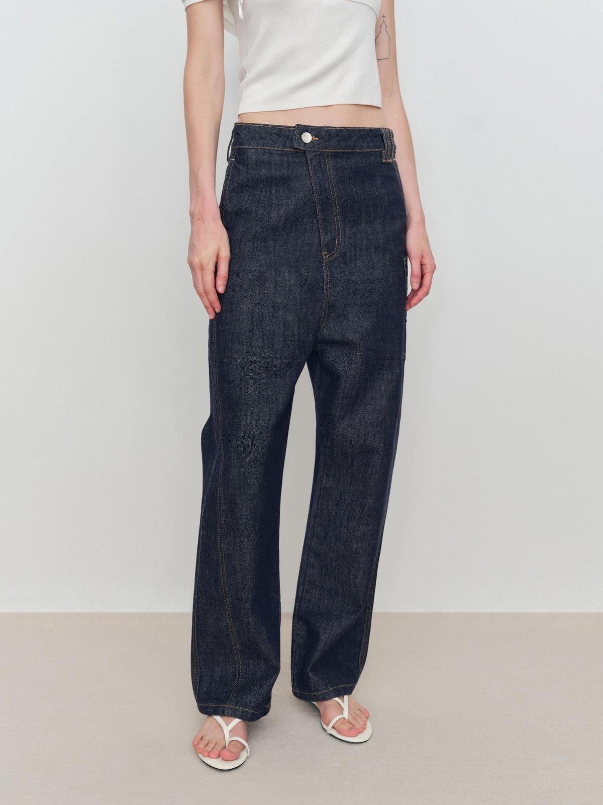 Durable Low Rise Loose Fit Casual Solid Dark Denim No Stretch Straight Jeans