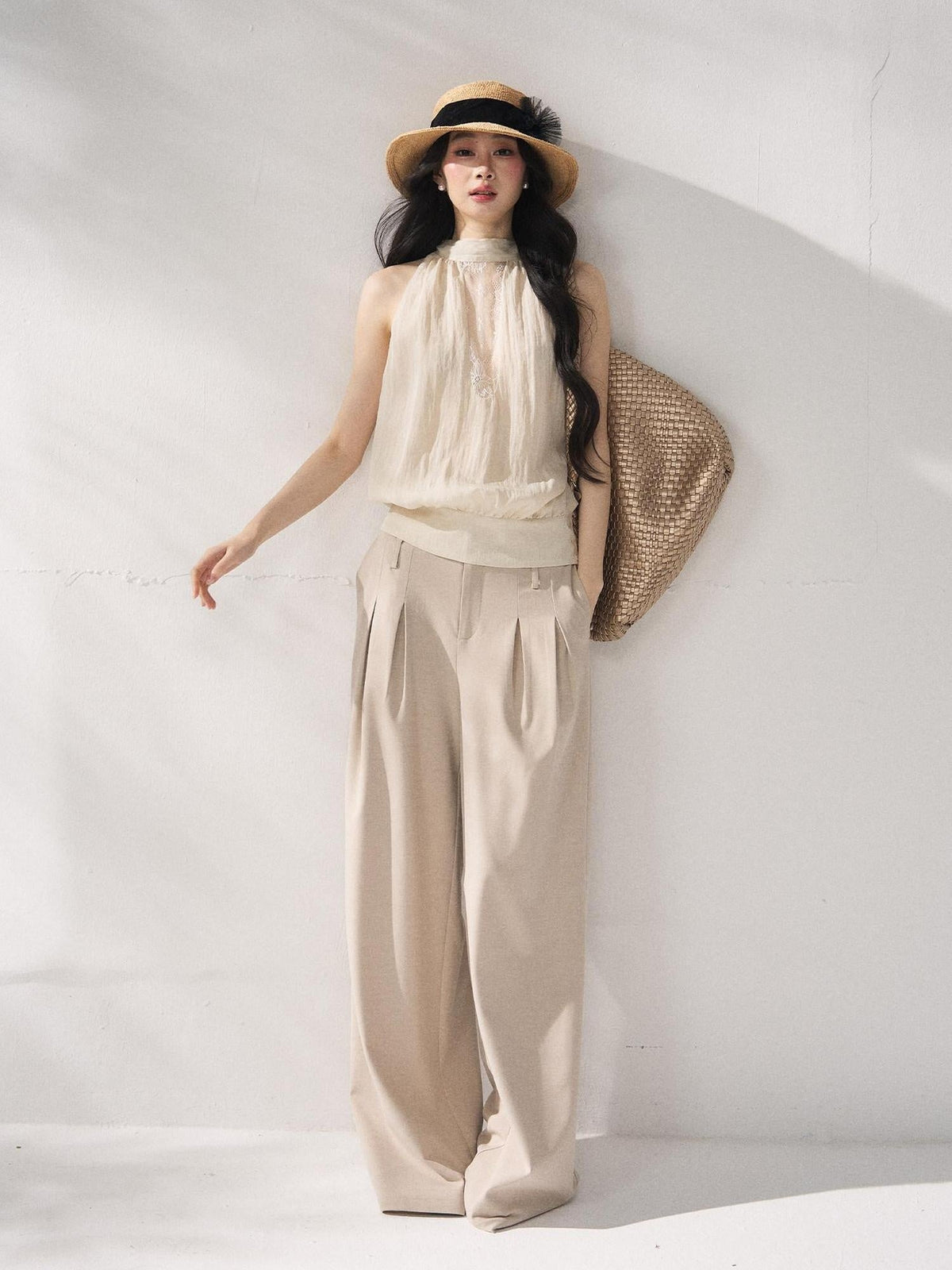 Comfort Stretch Natural Waist Casual Straight Hem Women Khaki Wide Leg Pants