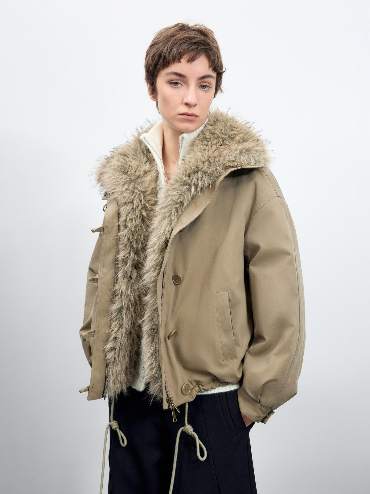 Thick Cotton Fill Fur Collar Loose Fit Commuter Solid Zip Puffer Jackets