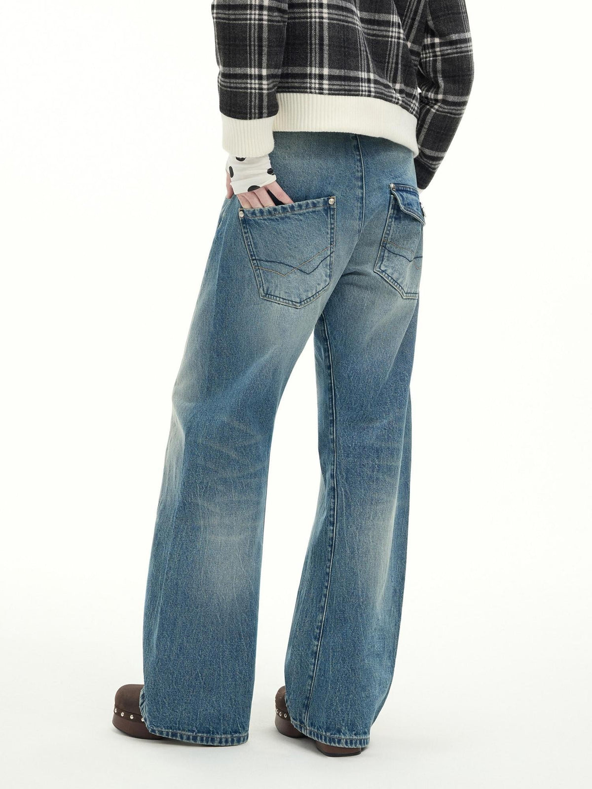 Washed Cotton Casual Natural Waist Topstitch Women Denim Blue Wide-Leg Jeans