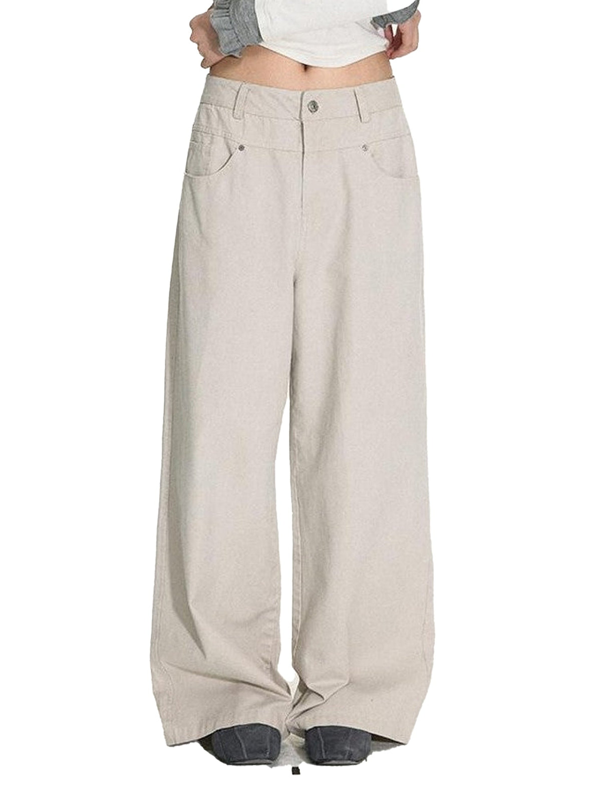 Distressed Graphite Wash Double Waist Women'S Cotton Straight-Leg Pants