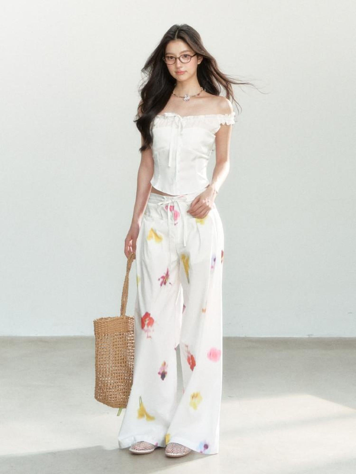 100 Percent Cotton Drawstring Natural Waist Loose Fit Women Wide Leg Pants