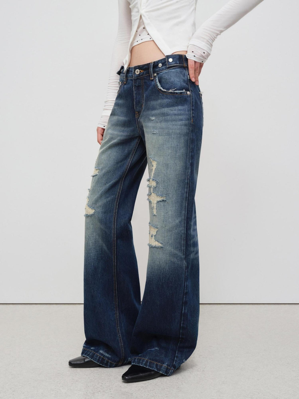Vintage Distressed Low Rise Ripped Loose Fit Women Cotton Zipper Wide-Leg Jeans