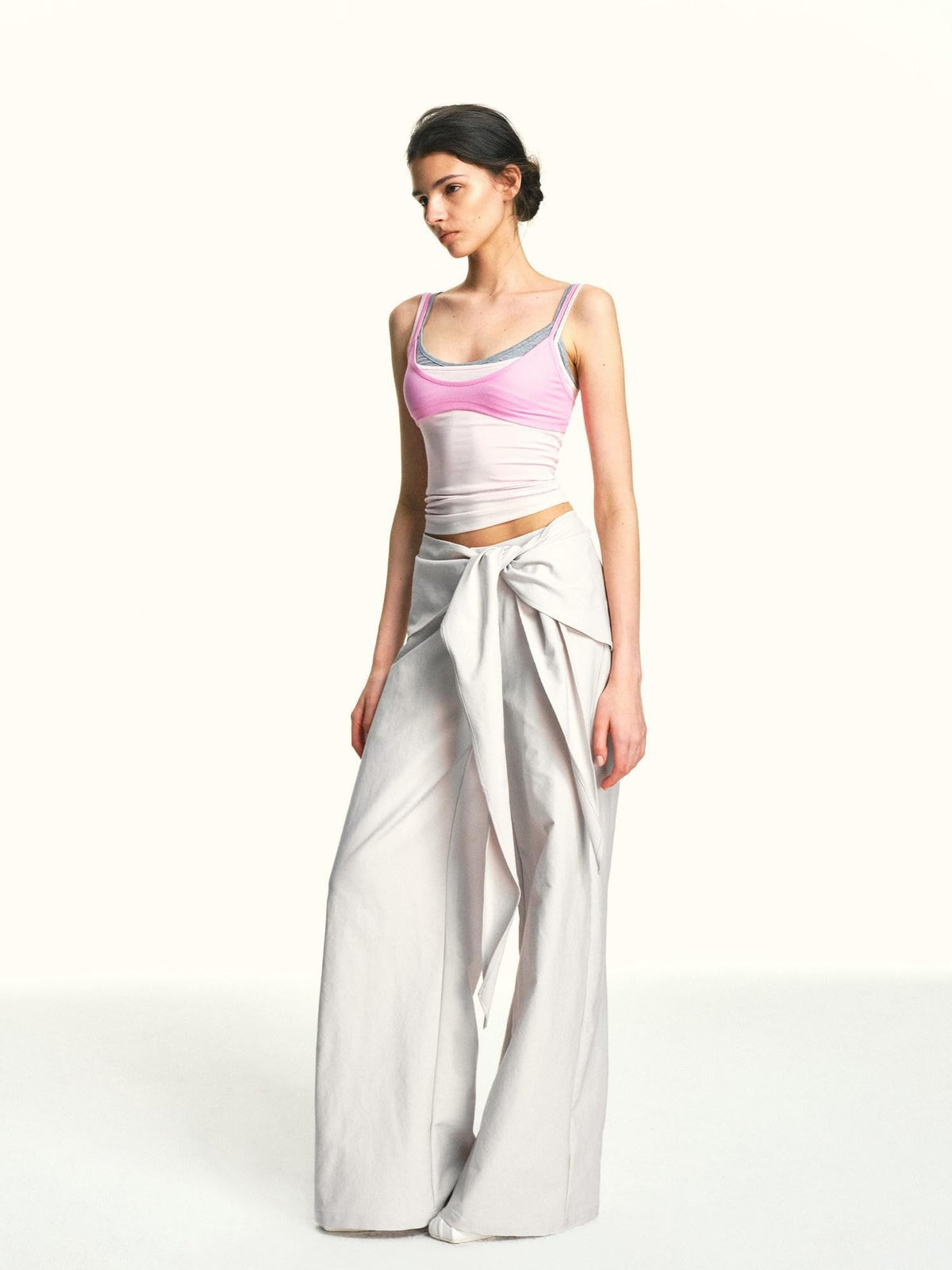 Oatmeal Gray Relaxed Detachable Waist Tie Women'S Polyester Wide-Leg Pants