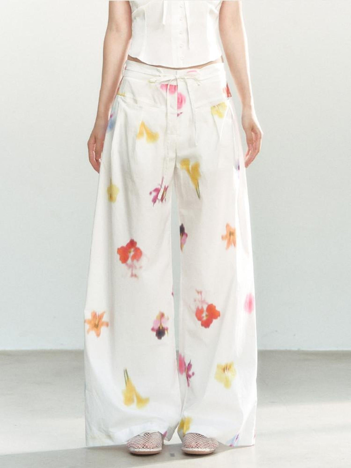 100 Percent Cotton Drawstring Natural Waist Loose Fit Women Wide Leg Pants