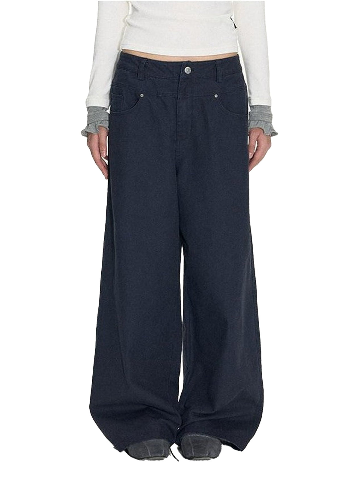 Distressed Graphite Wash Double Waist Women'S Cotton Straight-Leg Pants