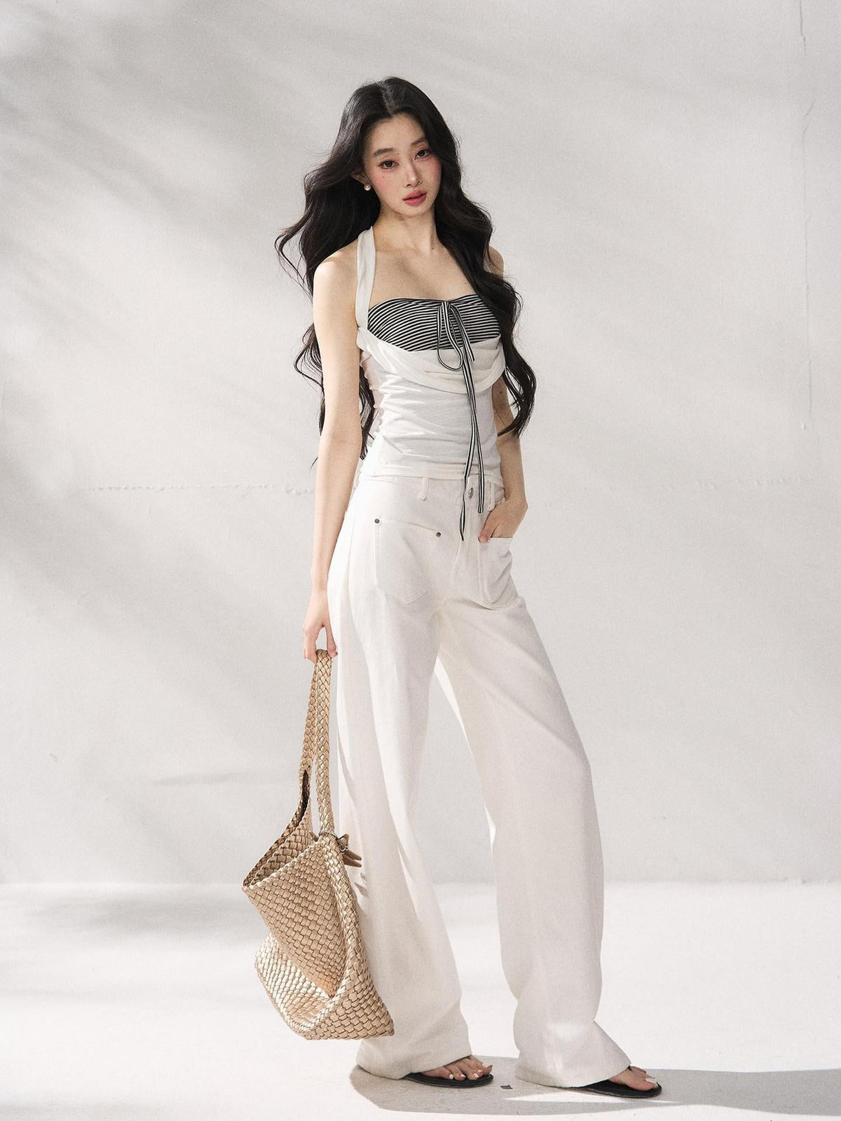 Button Front Natural Waist Casual White Flowy Wide Leg Pants