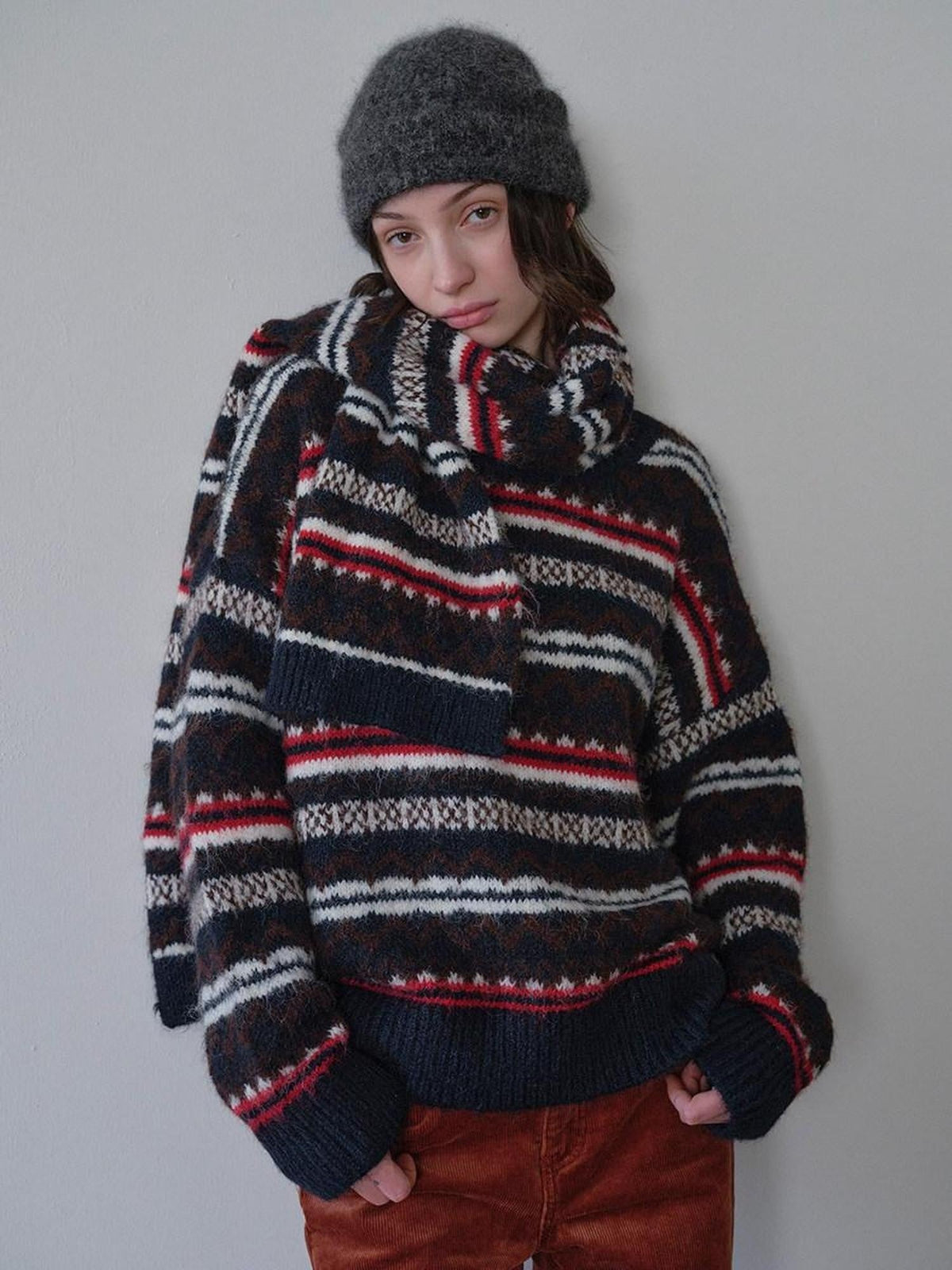Retro Striped Jacquard Two Piece Scarf Pullover Women'S Polyester Blend Sweaters