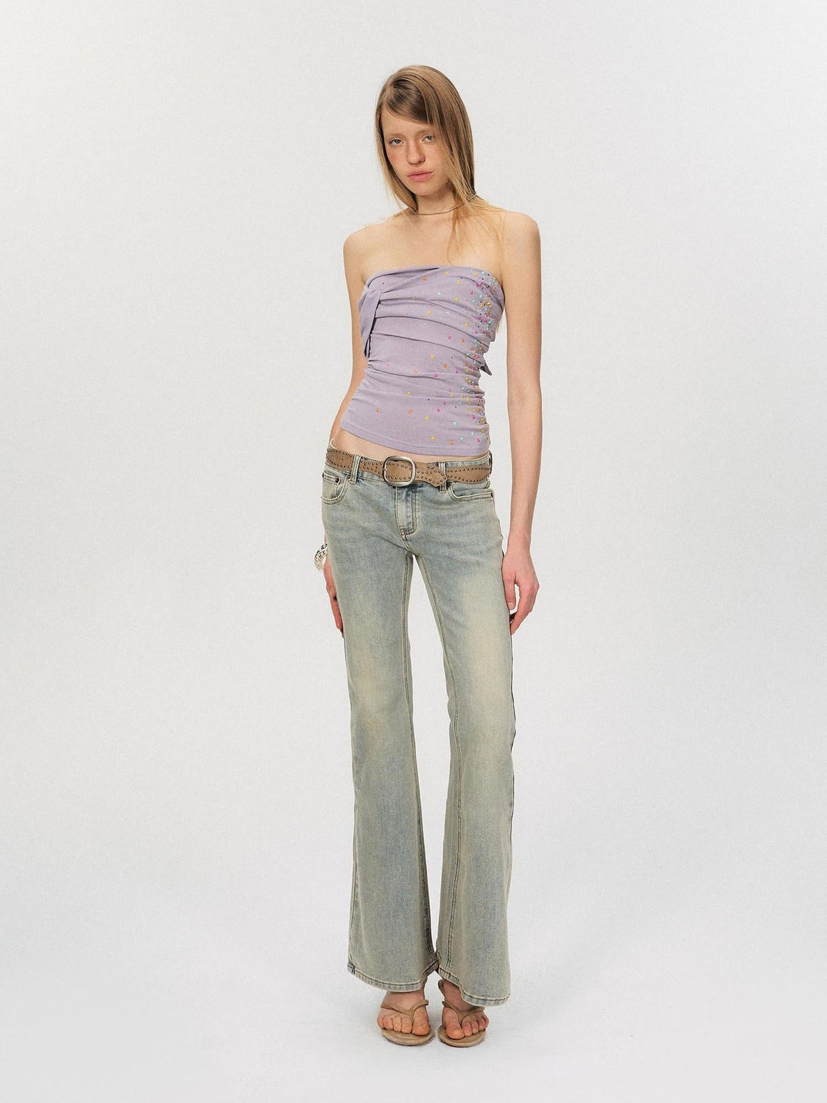 Washed Micro Flare Low Rise Micro Stretch Cotton Blue Green Straight Leg Jeans