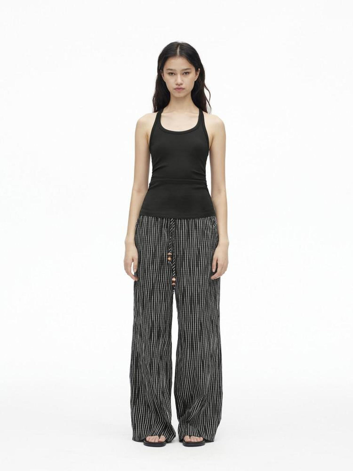 Vertical Check Textured Beaded Drawstring Women's Cotton Palazzo Pants