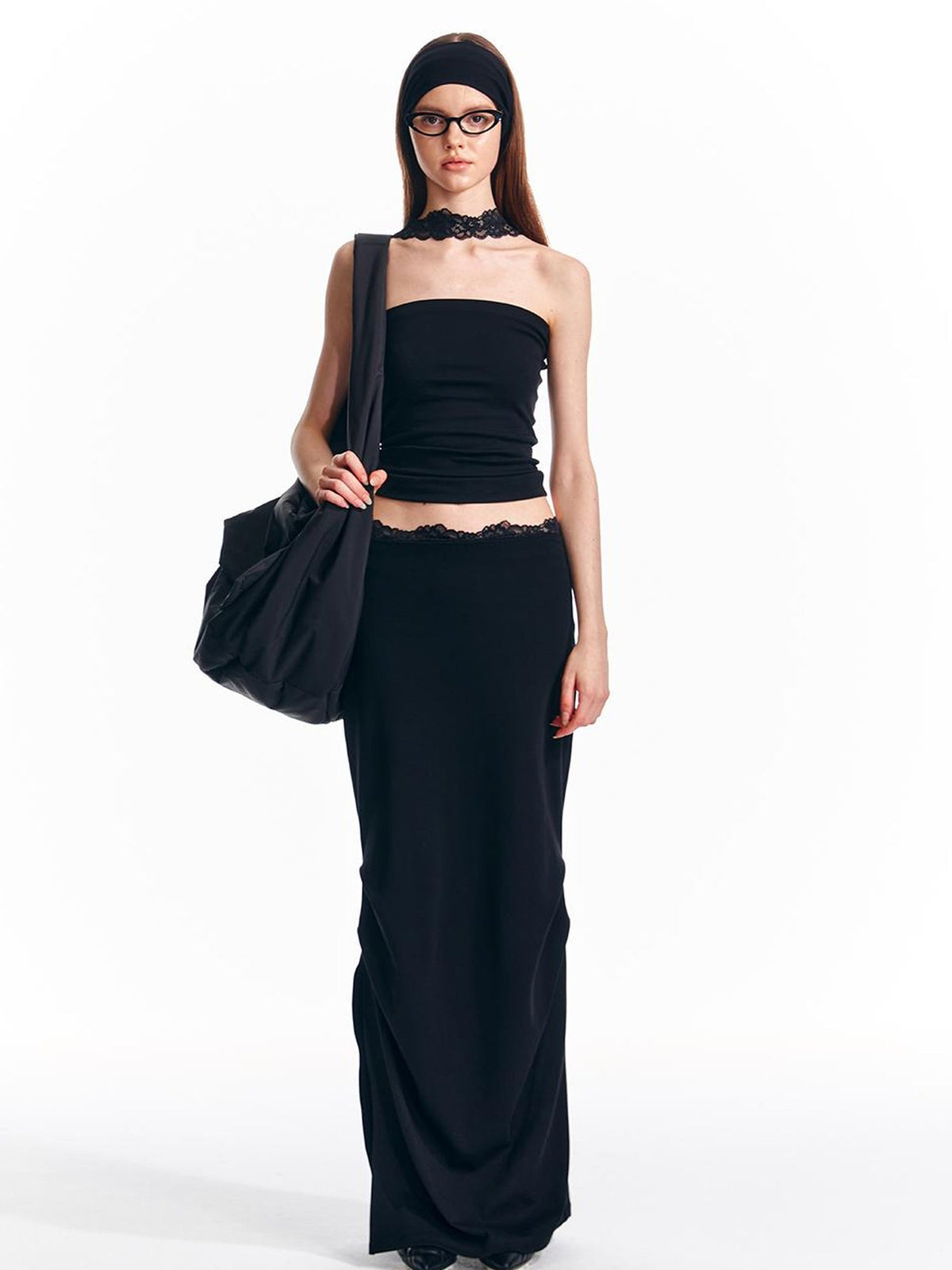 Lace Waist Knit Maxi Skirt With Slit