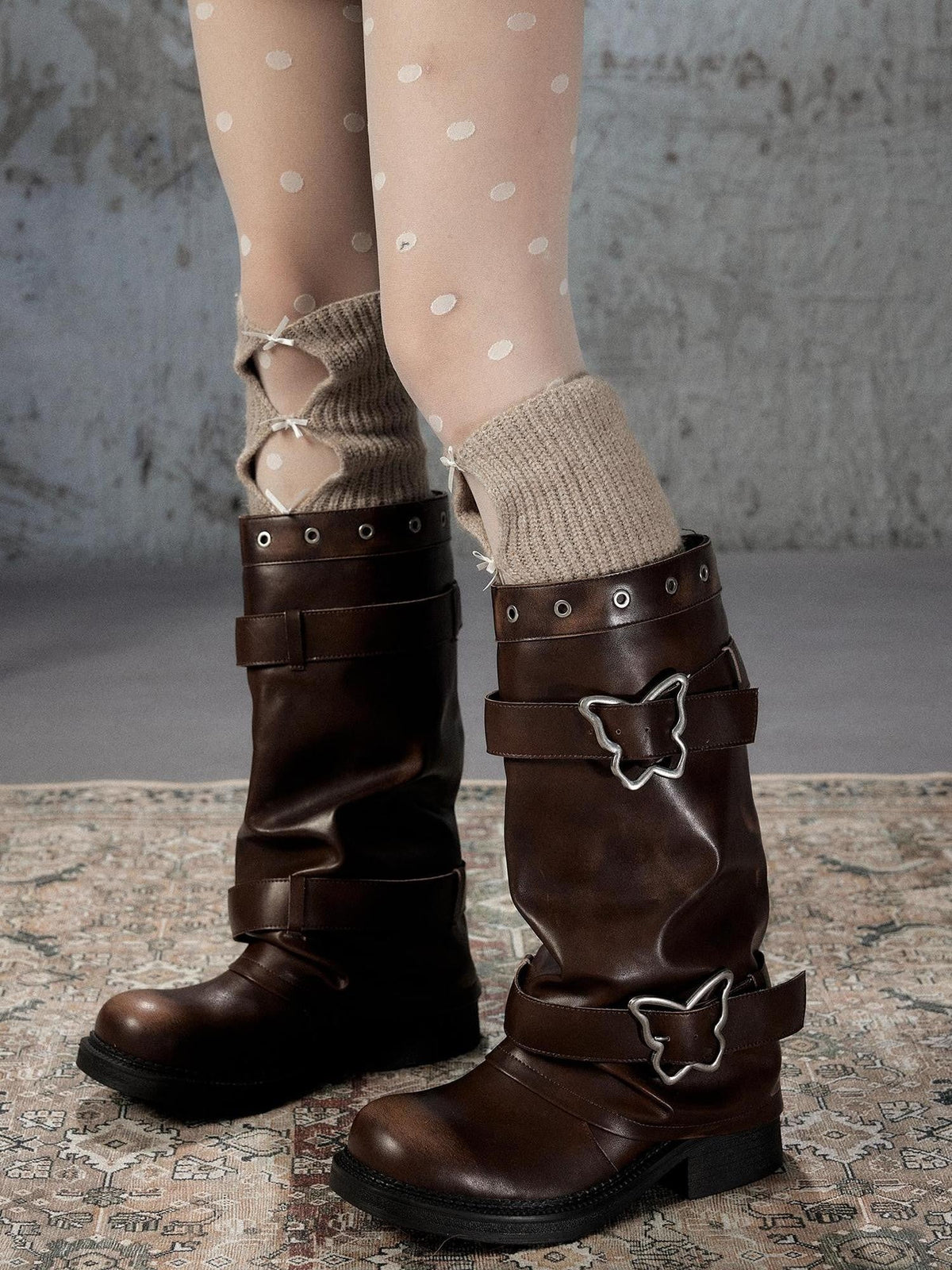 Distressed Butterfly Buckle Platform Women's Pu Mid-calf Boots