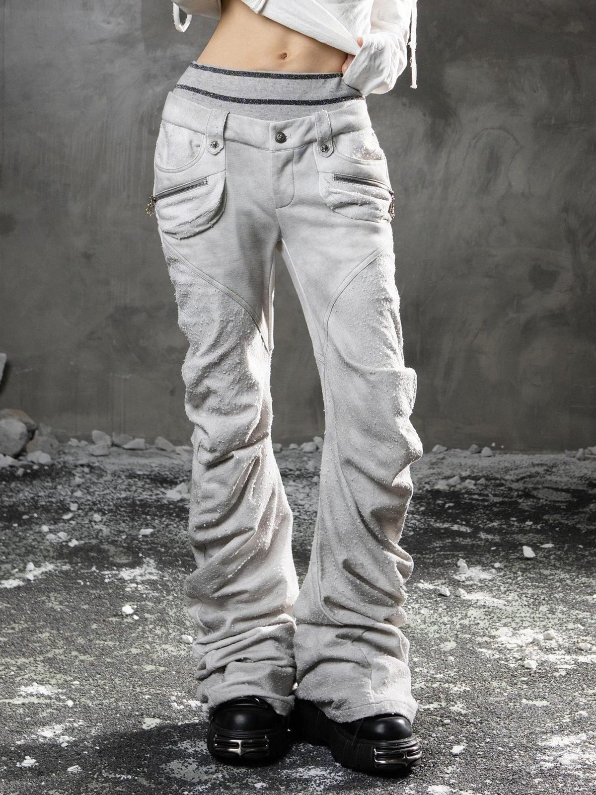 Light Gray Low Waist Button Fly Punk Micro Flare Bell Bottom Unisex Sweatpants