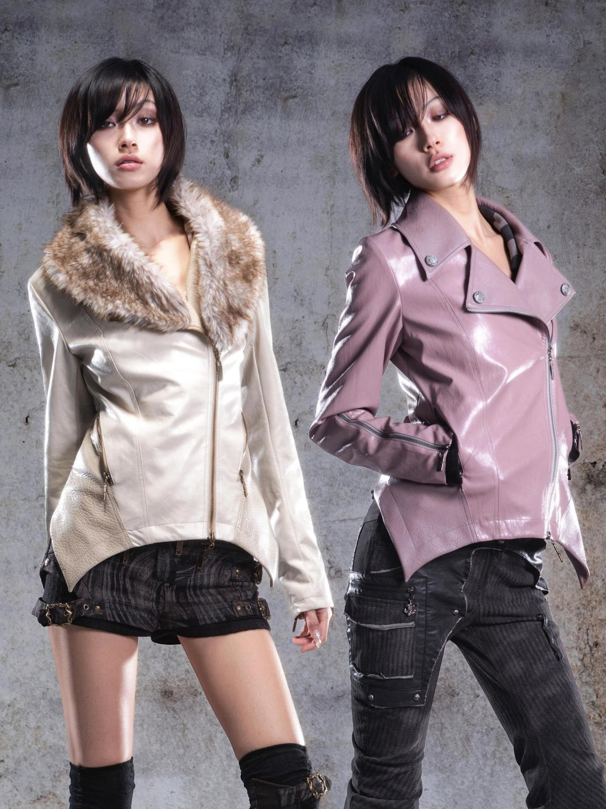 Two Tone Fur Collar Patchwork Punk Slim Fit Women's Pu Leather Jackets