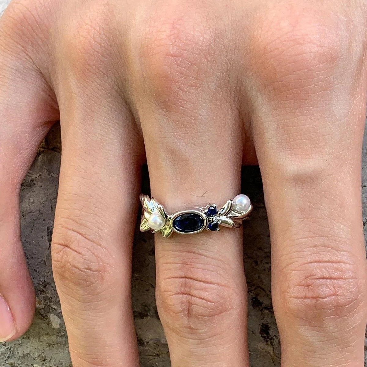 Adjustable Blue Zircon Pearl Ring