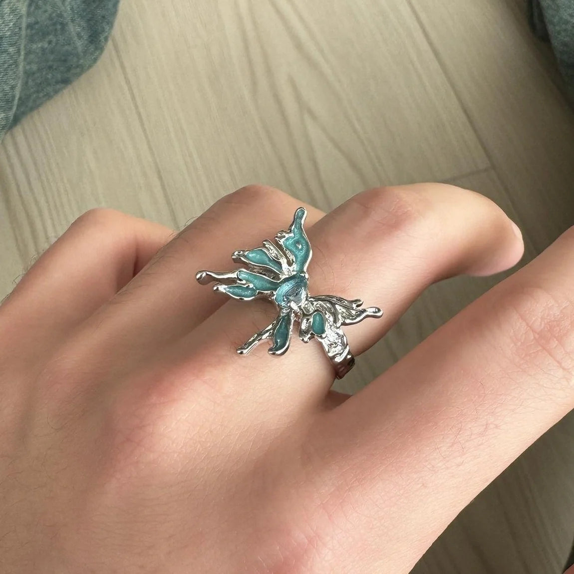 Adjustable Frost Blue Butterfly Ring