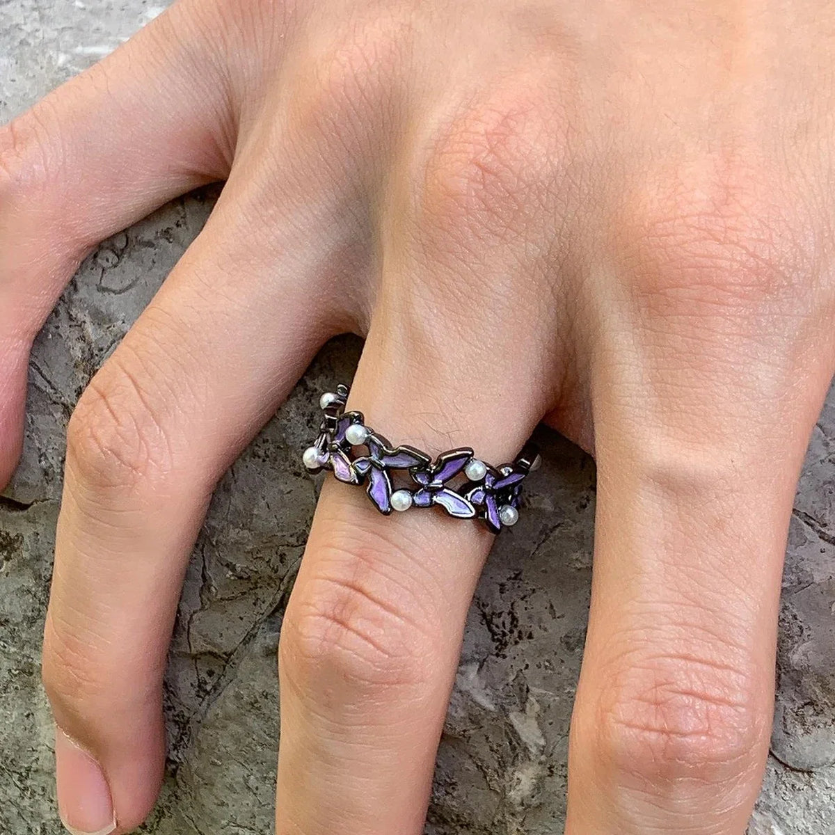 Adjustable Purple Butterfly Pearl Ring