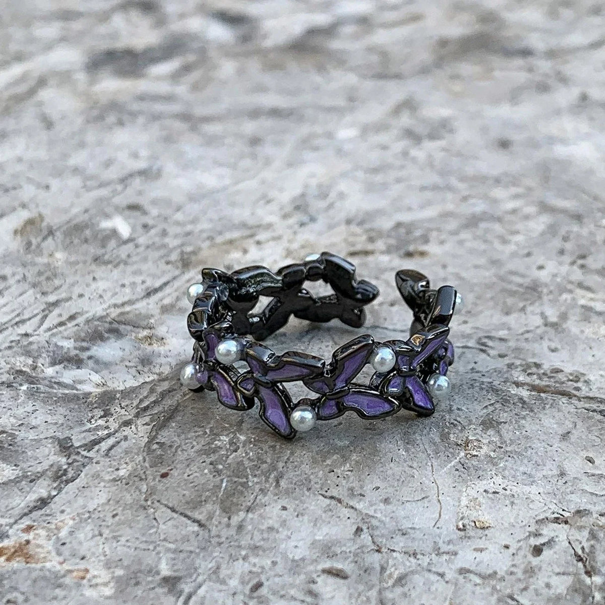 Adjustable Purple Butterfly Pearl Ring