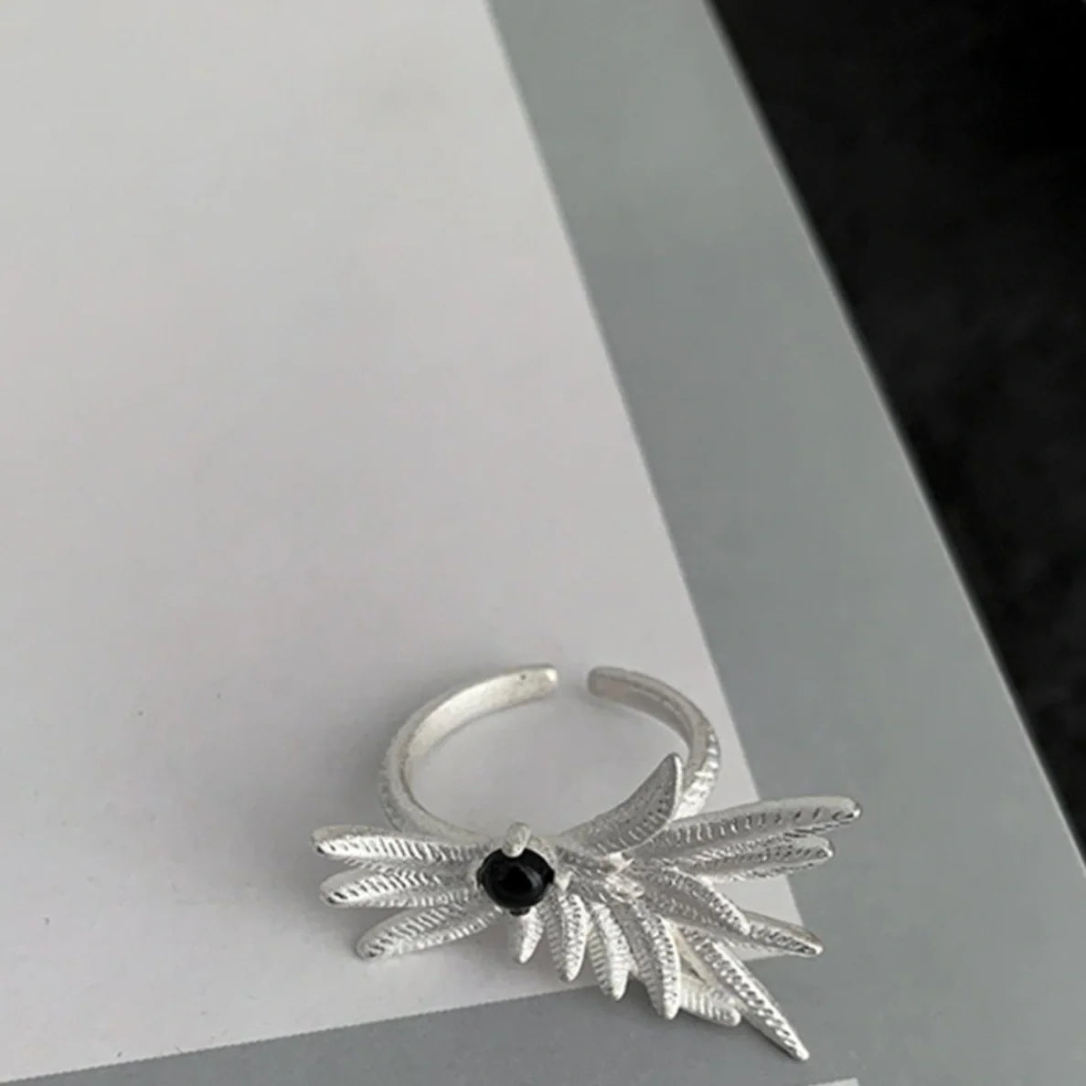 Adjustable White Feather Ring