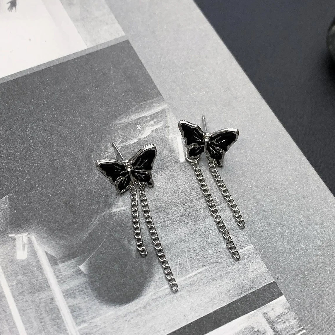 Black Butterfly Fringe Earrings