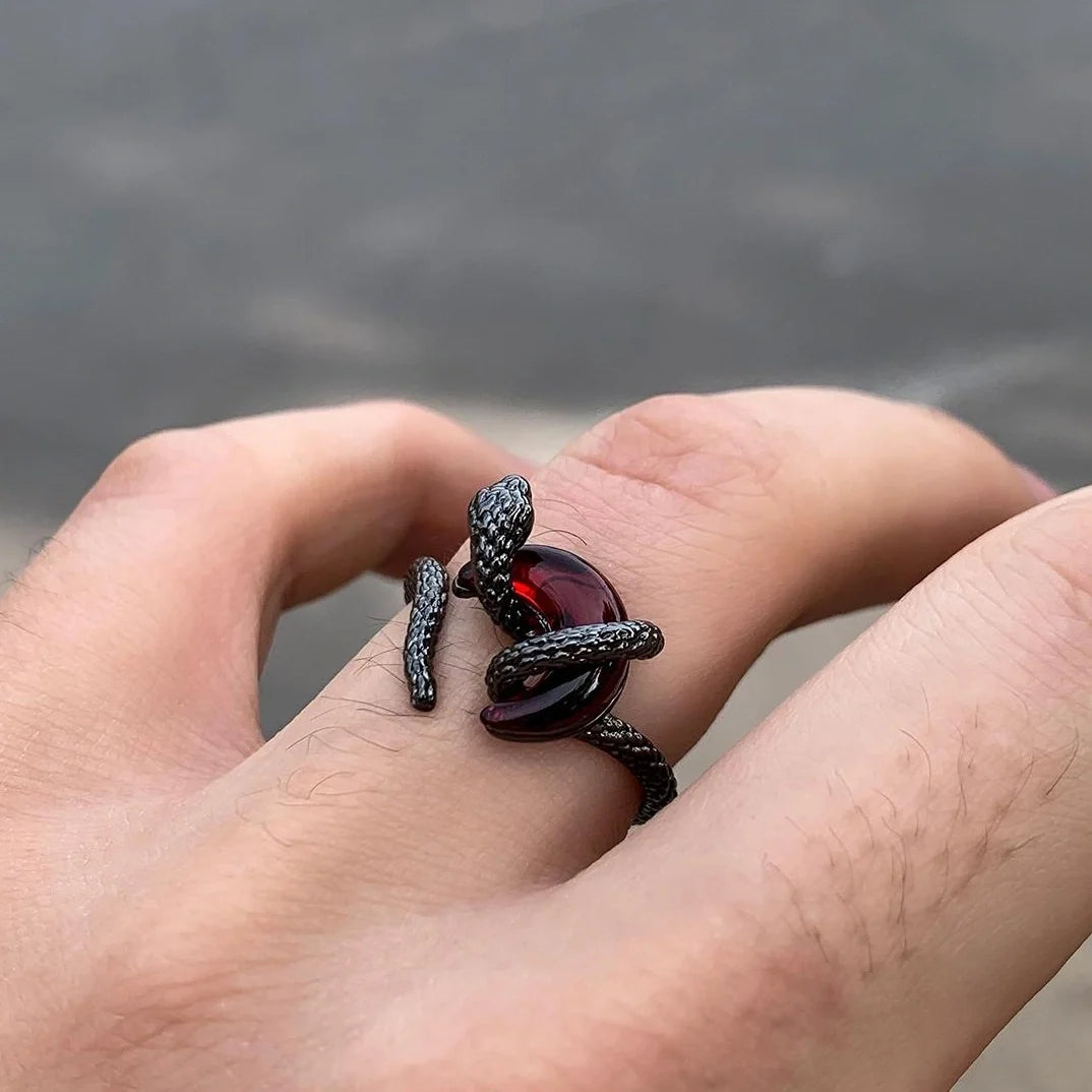 Crimson Serpent Crescent Ring