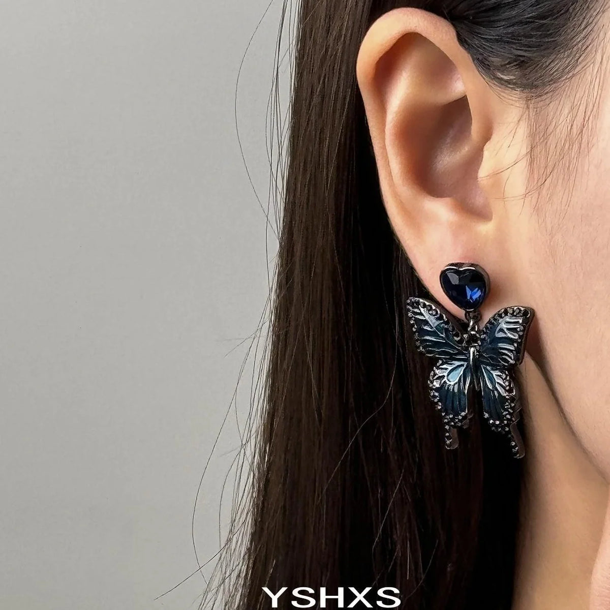 Gothic Blue Butterfly Heart Earrings
