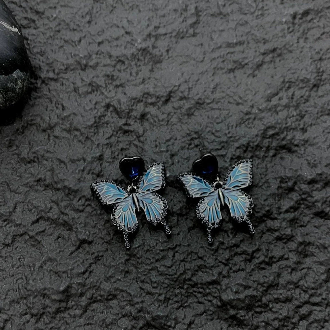 Gothic Blue Butterfly Heart Earrings