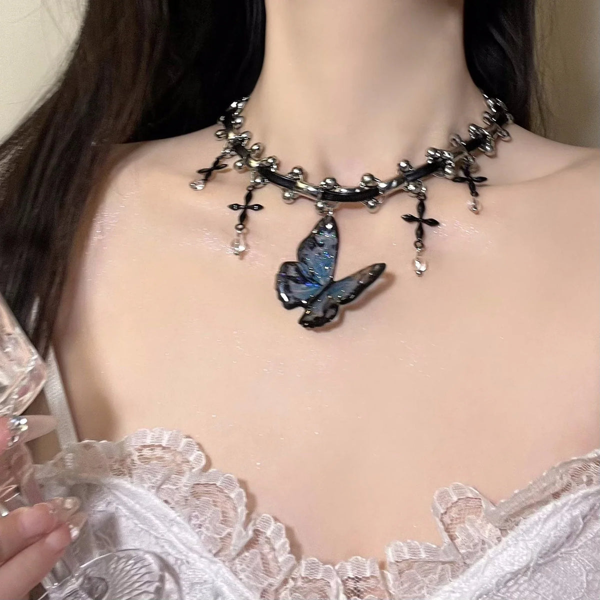 Gothic Butterfly Leather Choker Necklace