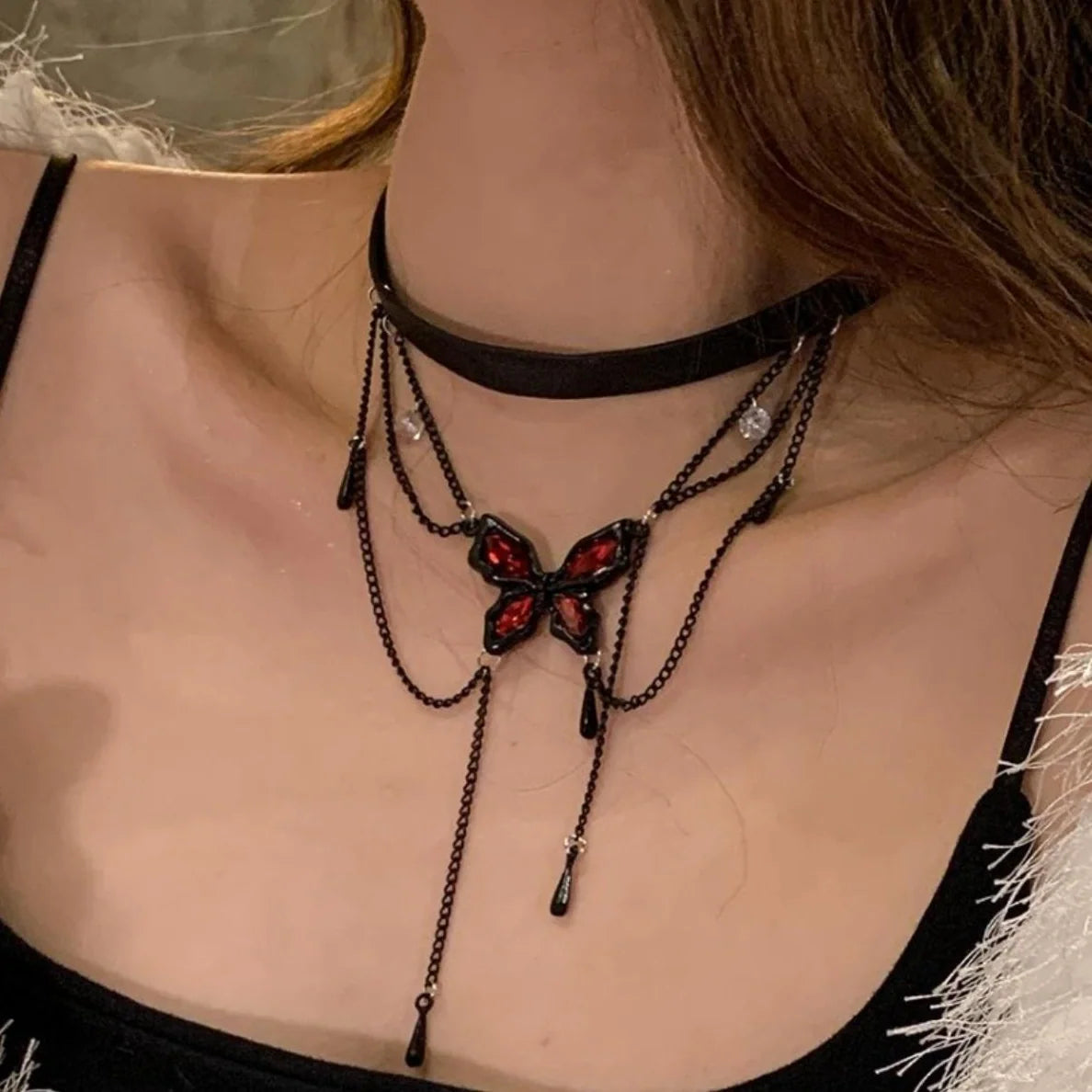 Gothic Butterfly Tassel Leather Choker