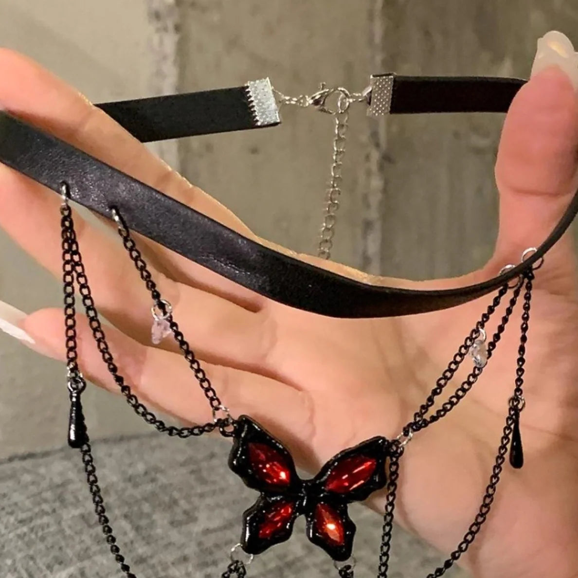 Gothic Butterfly Tassel Leather Choker