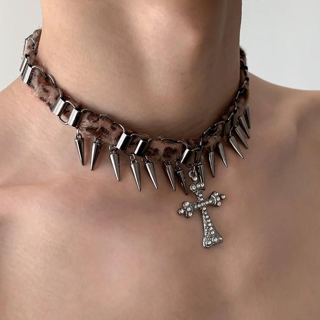 Gothic Cross Spike Choker Necklace