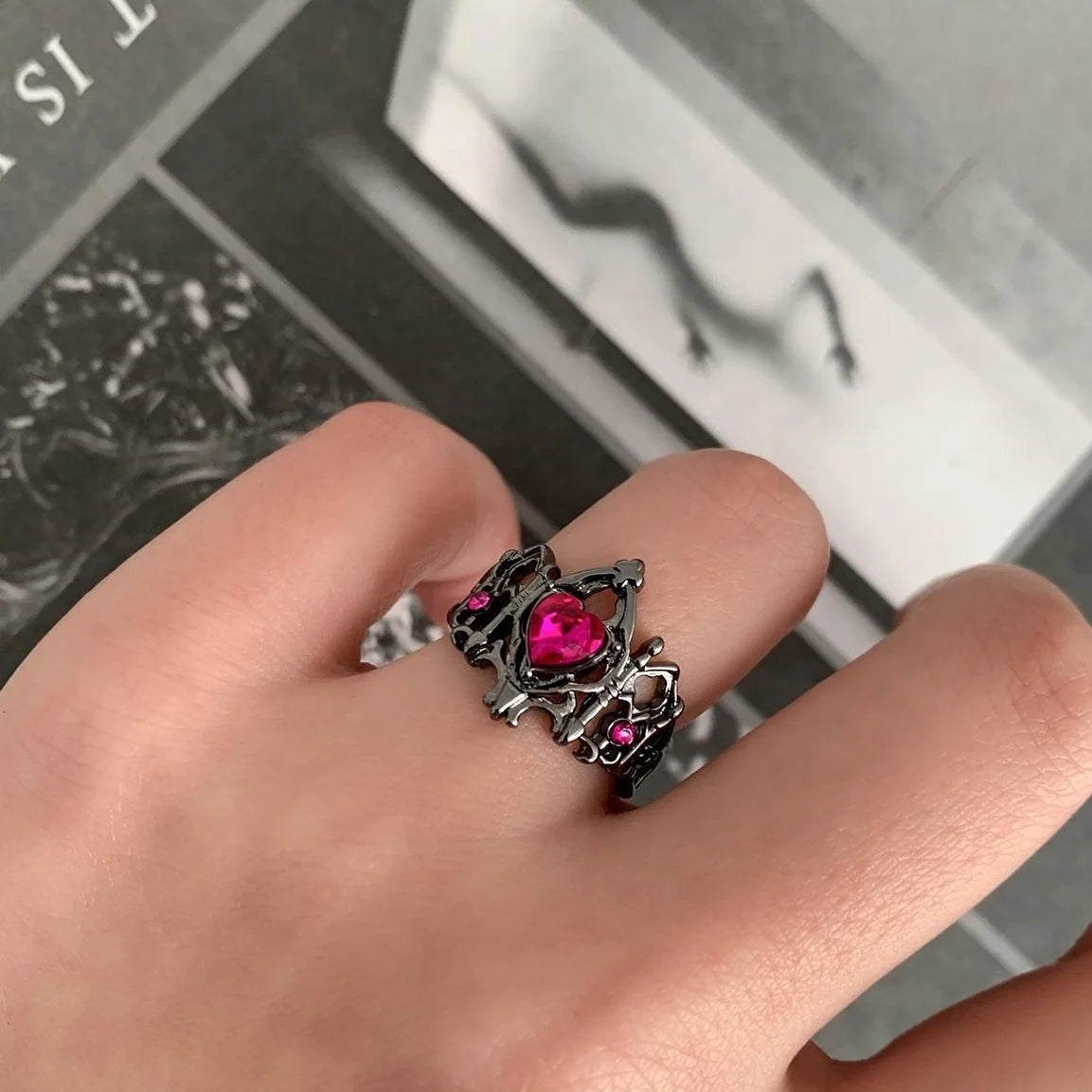 Gothic Crown Heart Open Ring