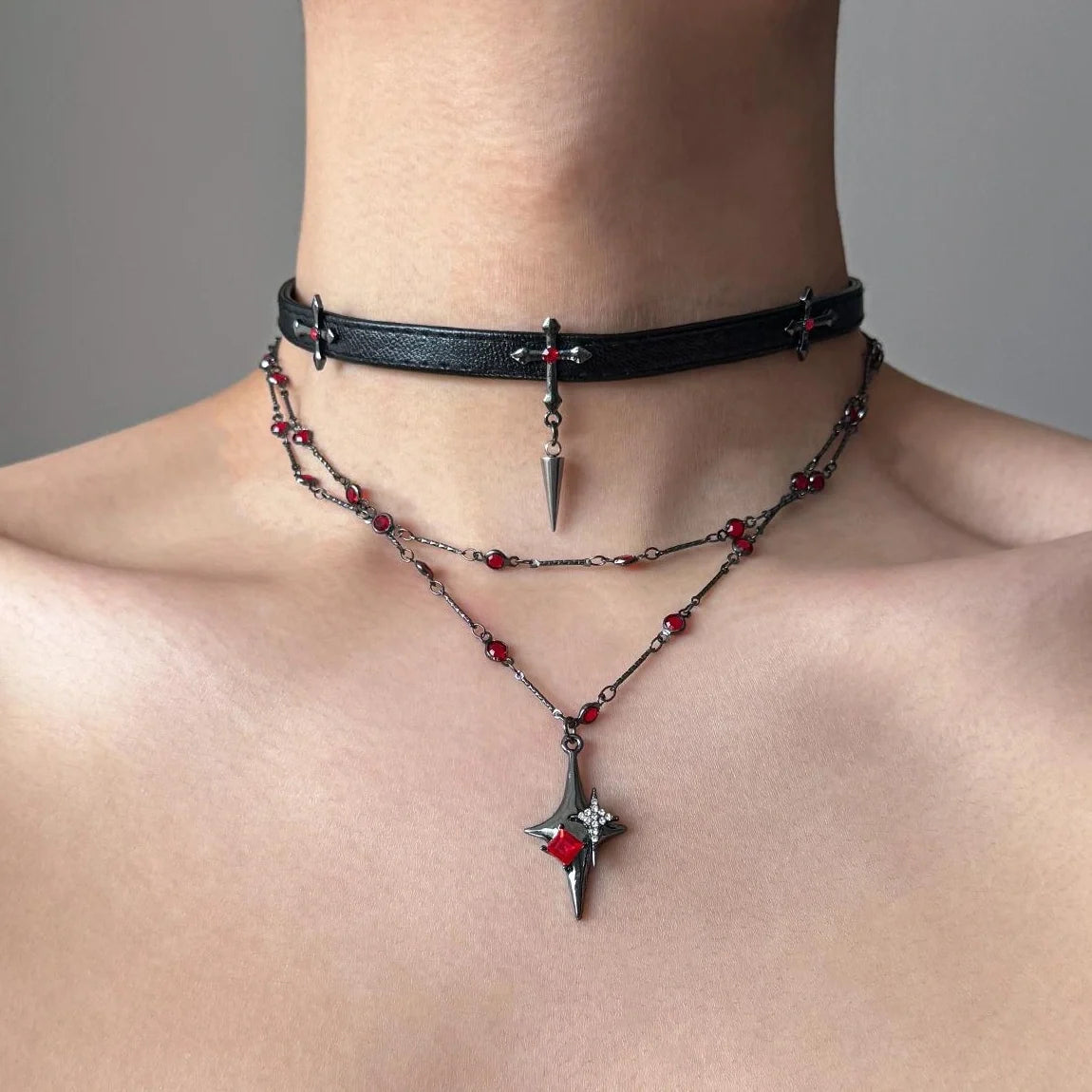 Gothic Layered Cross Choker Necklace