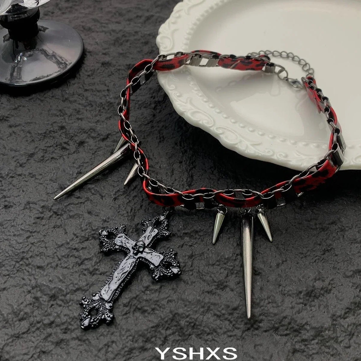 Gothic Studded Leather Cross Choker
